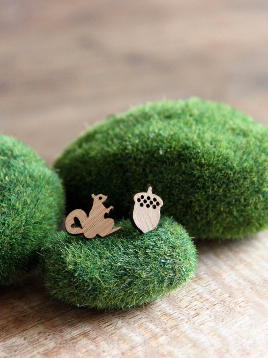 Squirrel and Acorn Bamboo Stud Earrings