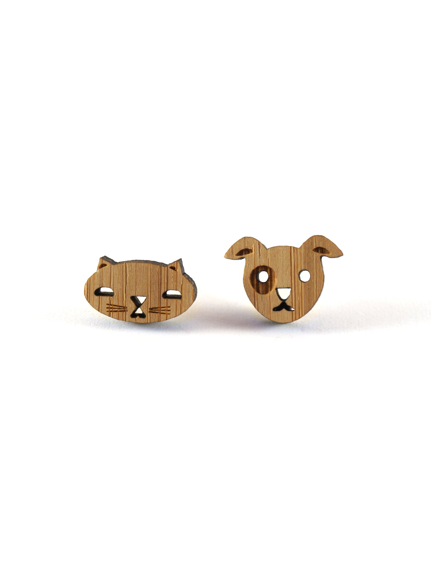 Cat and Dog Bamboo Stud Earrings