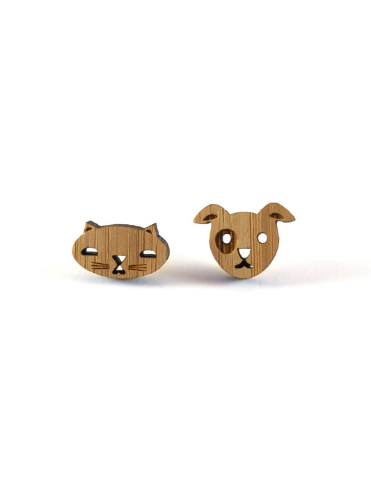 Cat and Dog Bamboo Stud Earrings